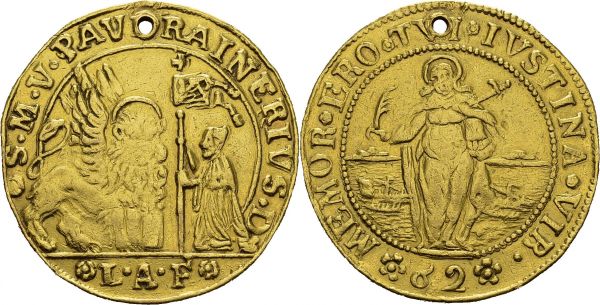 Venezia. Paolo Renier, 1779-1789. 5 Zecchini ND, 64 soldi struck in gold. Obv. S M V PAVL RAINERIVS / L A F. St Mark lion left, doge right. Rev. MEMOR ERO TVI IVSTINA VIR. St Justine standing. Paolucci -; Montenegro -; Fr. -. AU. 16.97 g. RRR VF holed
Known by Paolucci only as 12, 18 and 28 Zecchini, this 5 Zecchini seems unpublished, like the 10 Zecchini that sold for 110'000 EUR at Kunker auction in 2013.