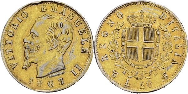 Regno d'Italia. Vittorio Emanuele II, 1859-1878. 20 Lire 1863 T BN, Torino. Contemporary forgery in gilt platinum. cf. KM 10; cf. Fr. 11. PT. 6.16 g. RR XF scratch