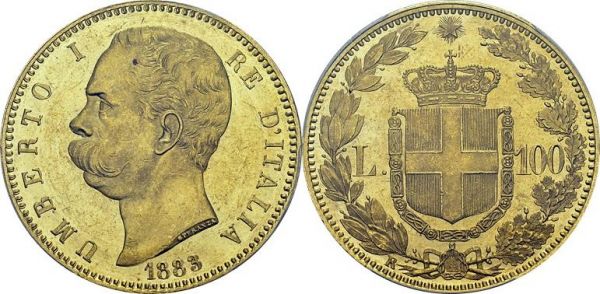 Umberto I, 1878-1900. 100 Lire 1883 R, Roma. Obv. UMBERTO I - RE D'ITALIA. Bare head left. Rev. Crowned coat of arms within laurel-oak wreath, value on either side. KM 22; Fr. 18. AU. 32.26 g. 4219 ex. PCGS MS 62
Rare this nice.