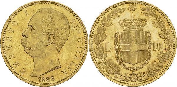 Umberto I, 1878-1900. 100 Lire 1883 R, Roma. KM 22; Fr. 18. AU. 32.26 g. 4219 ex. UNC