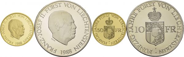 Franz Joseph II, 1938-1989. Set of two coins : 10 and 50 Franken 1988. 50 years of reign. Total (2). KM 20, 21. AR, AU. 30.00, 10.00 g. PROOF
In original case.