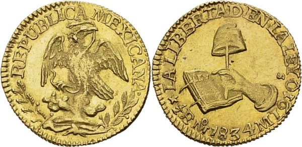 Republic, 1824-1835. ½ Escudo 1834 Mo ML, Mexico. KM 378.5; Fr. 107. AU. 1.66 g. UNC