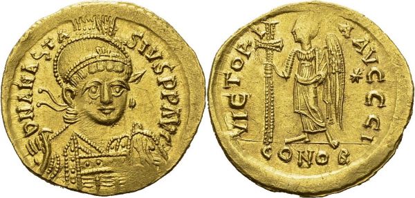 Anastasius I, 491-518. Solidus 498-518, Constantinople, 10th officina. DOC 3i. AU. 4.33 g. XF-AU  