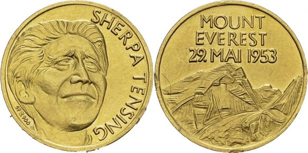 Gold medal ND. 20 mm. Sherpa Tensing, one of the first two men to ever climb Mount Everest on May 29th, 1953. AU. 6.99 g. UNC cleaned