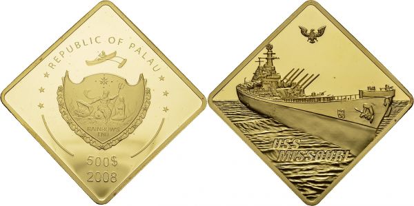 Republic, 1947-. 500 Dollars 2008. USS Missouri. KM -; Fr. 11. AU. 77.75 g. 77 ex. RRR UNC PROOF
In original box with certificate