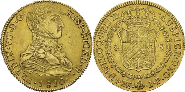 Fernando VII, 1808-1833. 8 Escudos 1810 JP, Lima. KM 107; Fr. 44. AU.26.85 g. AU adjustment marks