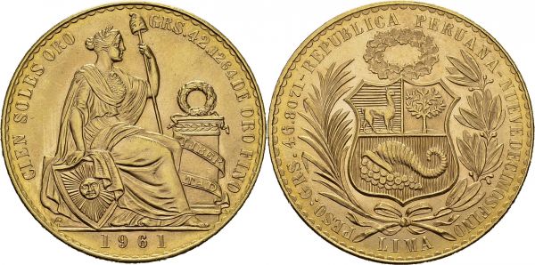 Republic, 1821-. 100 Soles 1961, Lima. KM 231; Fr. 78. AU. 46.69 g. Gem UNC