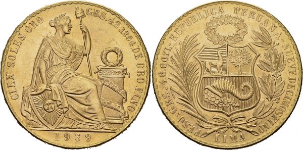 Republic, 1821-. 100 Soles 1969, Lima. KM 231; Fr. 78. AU. 46.68 g. 540 ex. UNC