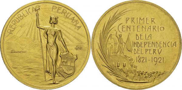 Republic, 1821-. Medallic 5 Libras 1921. 36.5 mm. Centenary of the independence. AU. 39.81 g. UNC