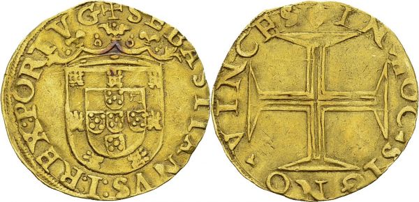 Sebastian I, 1557-1578. Cruzado ND, Lisbon. Obv. SEBASTIANVS I REX PORTVG. Crowned shield. Rev. IN HOC SIGNO VINCES. Cross. Fr. 41. AU. 3.66 g. VF