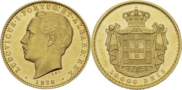 Luis I, 1861-1889. 10'000 Reis 1878, Lisbon. Obv. LUDOVICUS I PORTUG ET ALGARB REX. Bare head left. Rev. Coat of arms, value below. KM 520; Fr. 152. AU. 17.72 g. UNC