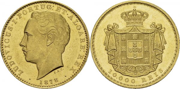 Luis I, 1861-1889. 10'000 Reis 1878, Lisbon. KM 520; Fr. 152. AU. 17.69 g. UNC