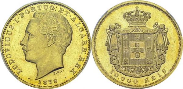 Luis I, 1861-1889. 10'000 Reis 1879, Lisbon. KM 520; Fr. 152. AU. 17.74 g. PCGS MS 65
