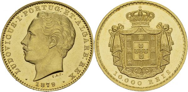 Luis I, 1861-1889. 10'000 Reis 1879, Lisbon. KM 520; Fr. 152. AU. 17.72 g. Nice UNC