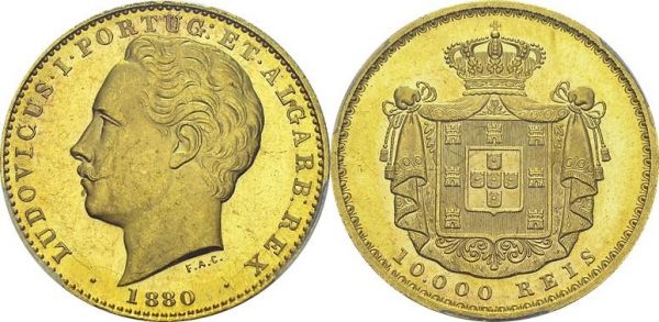 Luis I, 1861-1889. 10'000 Reis 1880, Lisbon. KM 520; Fr. 152. AU. 17.74 g. PCGS MS 64