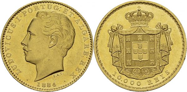 Luis I, 1861-1889. 10'000 Reis 1884, Lisbon. KM 520; Fr. 152. AU. 17,68 g. UNC