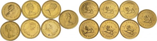 Elizabeth II, 1952-1979. Lot of 7 coins : 1 Pound 1966 (7). Total (7). KM 6; Fr. 2. AU. 55.89 g. (total weight). 5000 ex. Gem UNC
With original individual cases from Reserve Bank of Rhodesia, Salisbury.