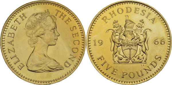 Elizabeth II, 1952-1979. 5 Pounds 1966, London. KM 7; Fr. 1. AU. 39.82 g. 3000 ex. Nice UNC