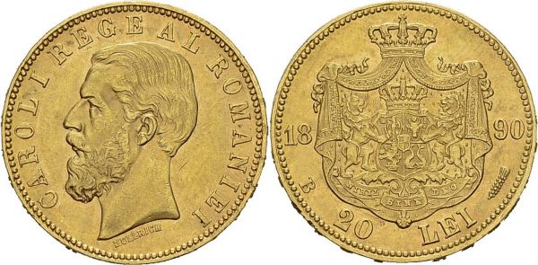 Carol I, 1881-1914. 20 Lei 1890 B, Bucharest. KM 20; Fr. 3. AU. 6.42 g. Nice AU