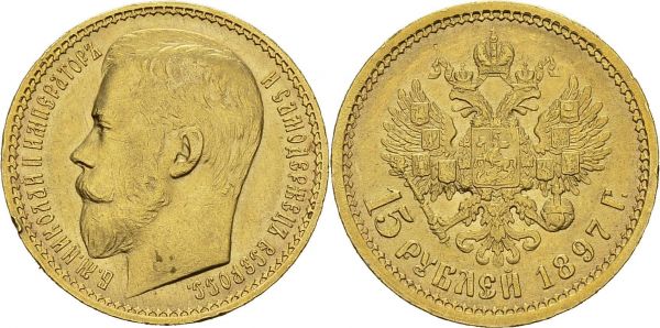 Nicholas II, 1894-1917. 15 Roubles 1897 AΓ, St-Petersburg. 4 letters under neck. Obv. Б М НИКОЛАИ ІІ ИМПЕРАТОРЪ - И САМОДЕРЖЕЦЪ ВСЕРОСС. Bare head left. Rev. Coat of arms, value and date below. KM 65.2; Fr. 177. AU. 12.89 g. Nice AU, edge bump