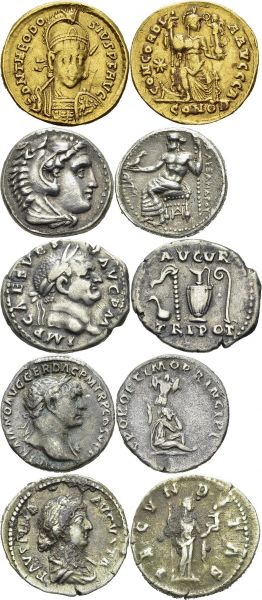 Lot of 5 coins : MACEDON, Alexander III Drachm Milet; ROME, Vespasian Denarius, Trajan Denarius, Faustina II Denarius, Theodosius II Solidus. Total (5). Price 2088; RIC 30, 222, 677, 202. AR (4), AU. 4.21, 3.17, 3.18, 2.72, 3.60 g. F to XF