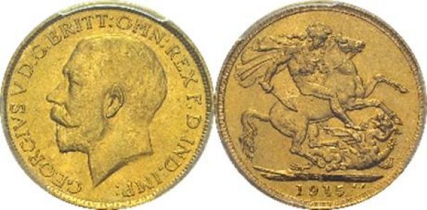George V, 1910-1936. Sovereign 1915 S, Sydney. KM 29; Fr. 38. AU. 7.98 g. PCGS MS 64+  