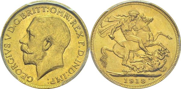 George V, 1910-1936. Sovereign 1918 S, Sydney. KM 29; Fr. 38. AU. 7.98 g. PCGS MS 64