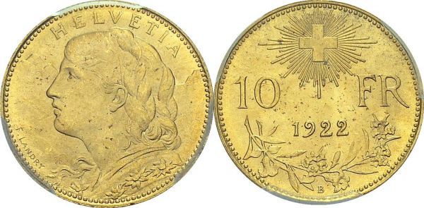 Confederation, 1848-. 10 Francs 1922 B, Bern. HMZ 2-1196g; KM 36. AU. 3.22 g. PCGS MS 66 