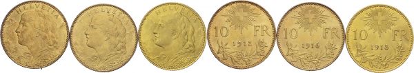 Confederation, 1848-. Lot of 3 coins : 10 Francs 1912 B, 1915 B, 1916 B. Total (3). HMZ 2-1196b, e, f; KM 36. AU. 9.66 g (total). UNC 