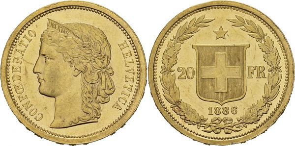 Confederation, 1848-. 20 Francs 1886 B, Bern. HMZ 2-1194b; KM 31.3. AU. 6.45 g. UNC proof like 