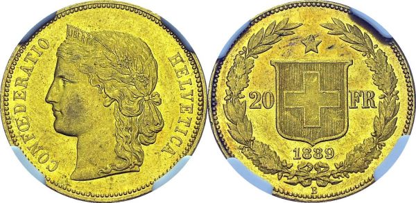 Confederation, 1848-. 20 Francs 1889 B, Bern. HMZ 2-1194e; KM 31.3. AU. 6.45 g. NGC MS 61 