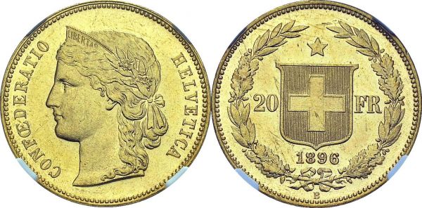 Confederation, 1848-. 20 Francs 1896 B, Bern. HMZ 2-1194n; KM 31.3. AU. 6.45 g. NGC MS 62 