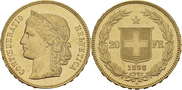 Confederation, 1848-. 20 Francs 1896 B, Bern. HMZ 2-1194n; KM 31.3. AU. 6.45 g. UNC