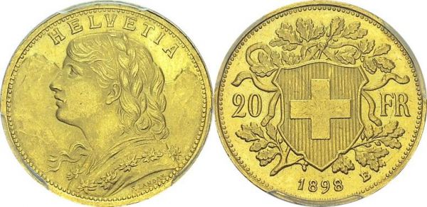 Confederation, 1848-. 20 Francs 1898 B, Bern. HMZ 2-1195c; KM 35.1. AU. 6.45 g. PCGS MS 64 