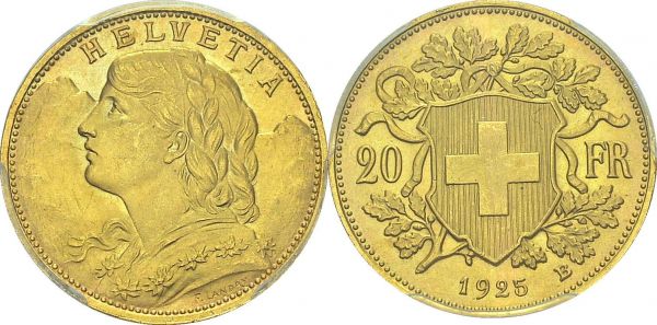 Confederation, 1848-. 20 Francs 1925 B, Bern. HMZ 2-1195w; KM 35.1. AU. 6.45 g. PCGS MS 65+ 
