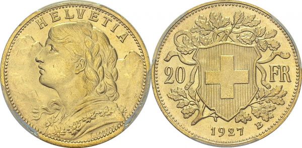 Confederation, 1848-. 20 Francs 1927 B, Bern. HMZ 2-1195y; KM 35.1. AU. 6.45 g. PCGS MS 67 