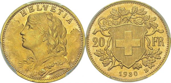 Confederation, 1848-. 20 Francs 1930 B, Bern. HMZ 2-1195z; KM 35.1. AU. 6.45 g. PCGS MS 67