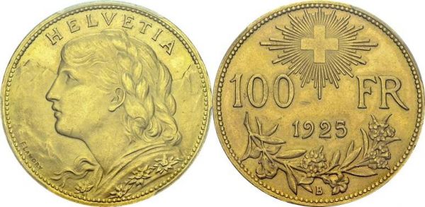 Confederation, 1848-. 100 Francs 1925 B, Berne. HMZ 2-1193a; KM 39; Fr. 502. AU. 32.25 g. PCGS MS 64+