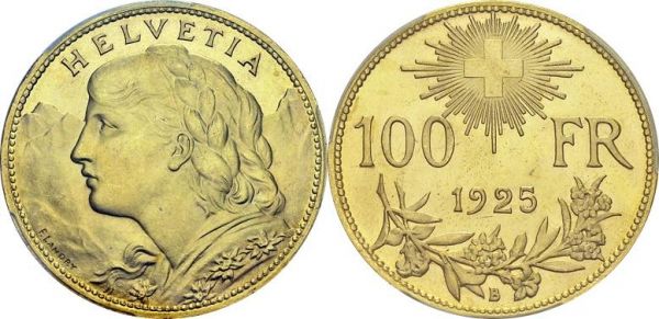 Confederation, 1848-. 100 Francs 1925 B, Bern. HMZ 2-1193a; KM 39; Fr. 502. AU. 32.27 g. PCGS MS 64+