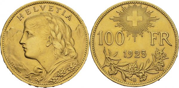 Confederation, 1848-. 100 Francs 1925 B, Bern. HMZ 2-1193a; KM 39; Fr. 502. AU. 32.28 g. UNC 