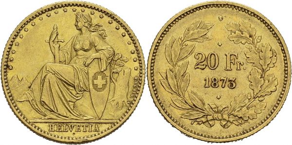 Confederation, 1848-. 20 Francs 1873, Brussels. Pattern by Wiener. Obv. HELVETIA. Helvetia sitting left, resting on a shield. Rev. Value and date within laurel-oak wreath. KM Pn24; HMZ 2-1227a. AU. 6.36 g. XF