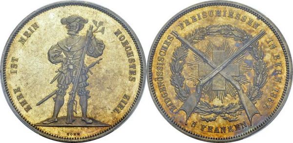 Confederation, 1848-. 5 Francs 1857. Bern shooting festival. HMZ 2-1343b; KM XS4. AR. 25.00 g. PCGS MS 64 