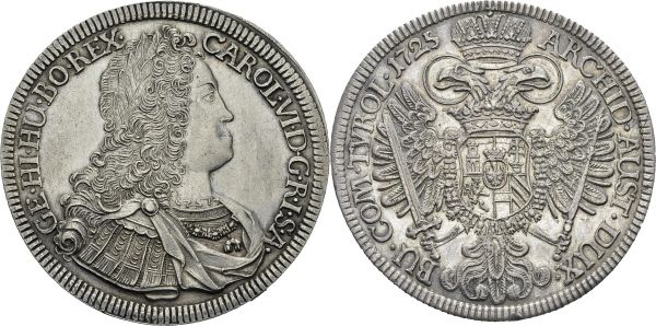 Karl VI, 1711-1740. Thaler 1725, Hall. KM 1617; Dav. 1054. AR. 28.50 g. Nice AU  