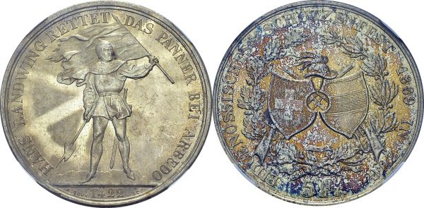 Confederation, 1848-. 5 Francs 1869. Zug shooting festival. HMZ 2-1343h; KM XS10. AR. 25.00 g. NGC MS 61 