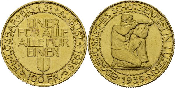 Confederation, 1848-. 100 Francs 1939 B, Bern. Luzern shooting festival. HMZ 2-1344b; KM XS21. AU. 17.47 g. UNC 