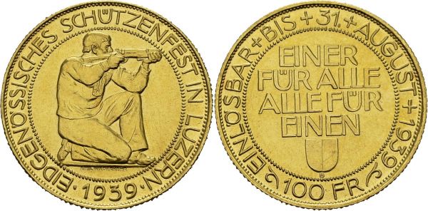 Confederation, 1848-. 100 Francs 1939 B, Bern. Luzern shooting festival. HMZ 2-1344b; KM XS21. AU. 17.47 g. UNC 