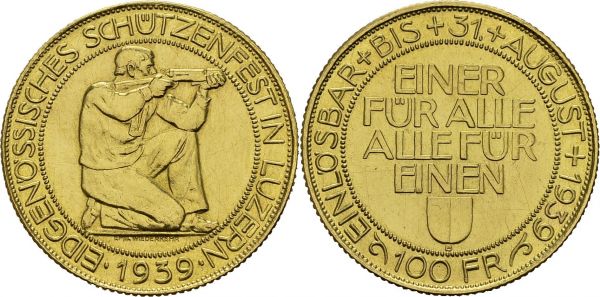 Confederation, 1848-. 100 Francs 1939 B, Bern. Luzern shooting festival. HMZ 2-1344b; KM XS21. AU. 17.46 g. UNC cleaned