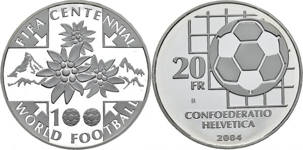 Confederation, 1848-. 20 Francs 2004. FIFA centennial. HMZ 2-1221ee; KM 121. AR. 20.00 g. PROOF 