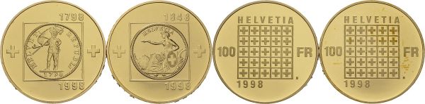 Confederation, 1848-. Set of two 100 Francs 1998, 200th anniversary of the Helvetian Republic and 150th anniversary of the Swiss Confederation. Total (2). HMZ 2-1218a, 2-1218b; KM 81, 83. AU. 22.58 g. (2). PROOF