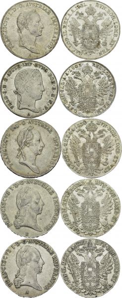 Lot of 5 coins : Franz I, Thaler 1819 A, 1823 B, 1830 A, 1831 A; Ferdinand I, Thaler 1843 A. Total (5). KM 2162 (2), 2163, 2165, 2240. AR. 27.87, 28.03, 27.96, 27.92, 28.01 g. XF to UNC